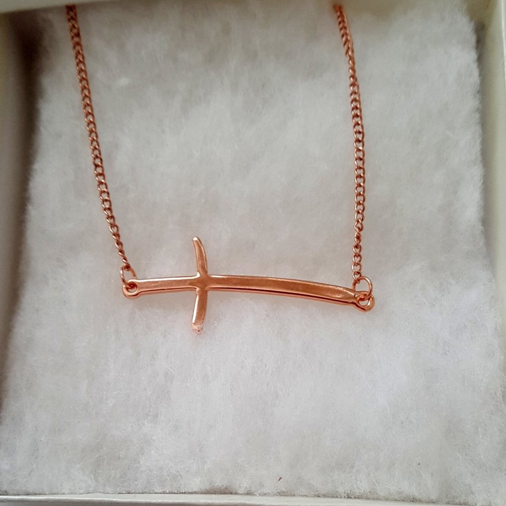 Sideways Cross Pendant Necklace Smooth/Polished  Rose Gold Plated In Box